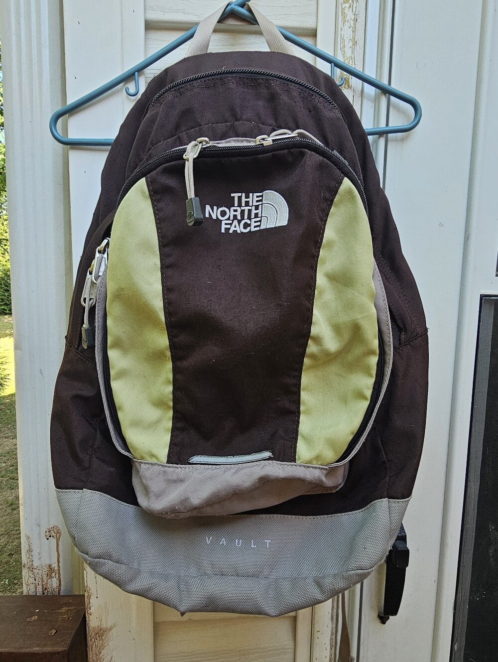 North Face Vault Backpack Brown Lime Green Embroidered Hiking Laptop Flaw Stains